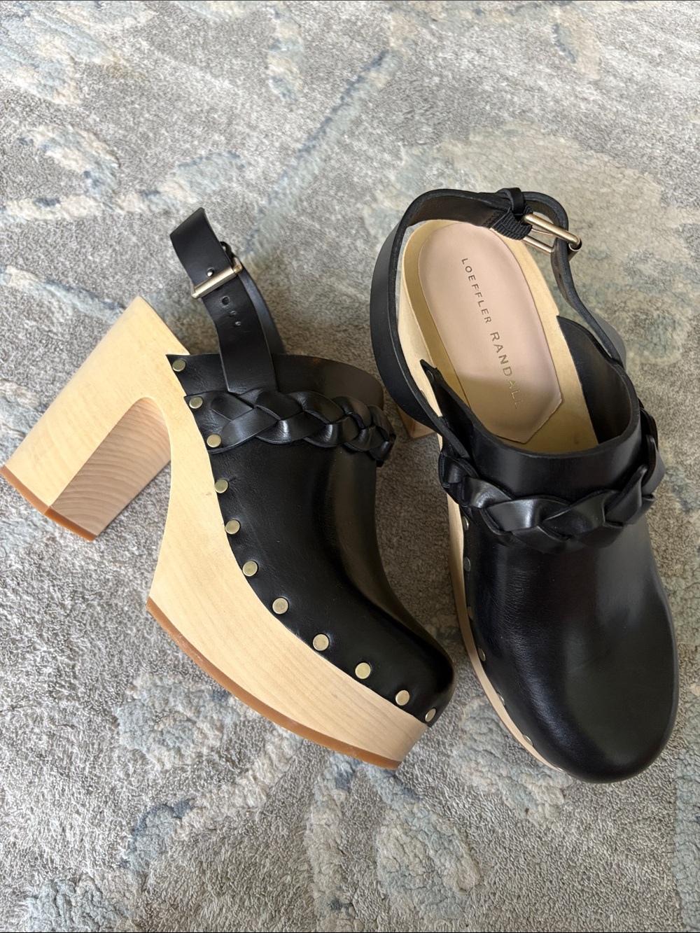 Loeffler Randall Black Leather Braided Strap Wooden Clog Unworn Heels